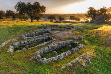 Landscape in the pasture, the graves are archaeological remains of IV century AD approximately....