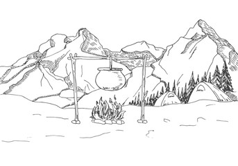 Mountain landscape. Tents and a bonfire on the background of the forest and mountains. Vector illustration of a sketch style.