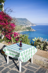 Fototapeta na wymiar wine, old table and a beautiful sea of south Italy