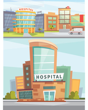 Hospital building cartoon modern vector illustration. Medical Clinic and city background. Emergency room exterior