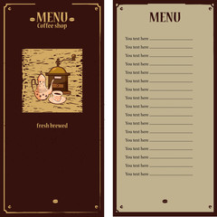 Coffee menu template with coffee grinder, coffee pot, cup