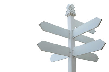 White Signpost wood pole on white background.