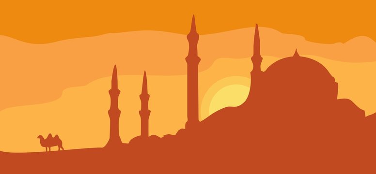 Panorama minarets and sunset sky with camel. Vector flat illustration