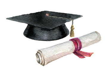 watercolor sketch of student cap and diploma isolated on white background