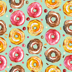 watercolor illustration. Seamless pattern of colorful donut and candy on light green background