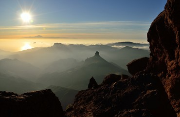 Beautiful sunset from the mountain, summit of Gran canaria, Canary islands