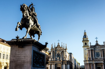 Fototapeta na wymiar Piazza San Carlo, one of the main squares of Turin (Italy) with its twin churches and the equestrian monument of king Emanuele Filiberto