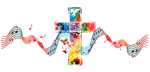 Colorful christian cross with stave and music notes isolated vector illustration