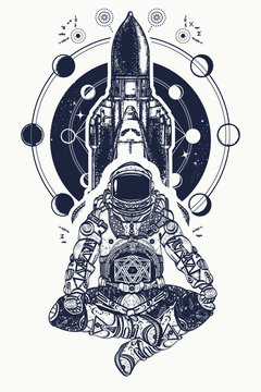 Space shuttle and astronaut in lotus position tattoo art. Symbol of meditation, education, science, harmony, yoga. Astronaut and Universe t-shirt design. Spaceman and shuttle