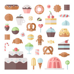 Sweets and pastries flat icon big square vector set.