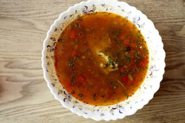 Plate with kharcho soup