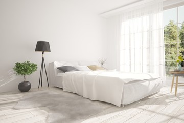 White bedroom with green landscape in window. Scandinavian interior design. 3D illustration