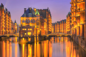 Historic Speicherstadt, Water Castle at the evening in Hamburg, Germany