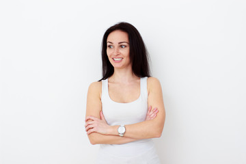 Beauty woman with white perfect smile looking at camera in studio