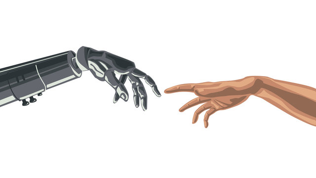 Robots Mechanical Finger touching a Humans Finger.  Artificial Intelligence Futuristic technology concept vector.