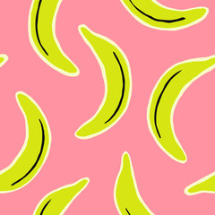 Hand drawn seamless pattern with bananas in yellow, black and cream on pink background.