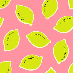 Hand drawn seamless pattern with lemons in yellow, black and cream on pink background.