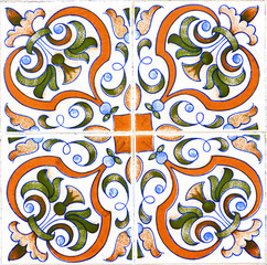 Detail of traditional tiles on facade of old house, Aveiro, Portugal