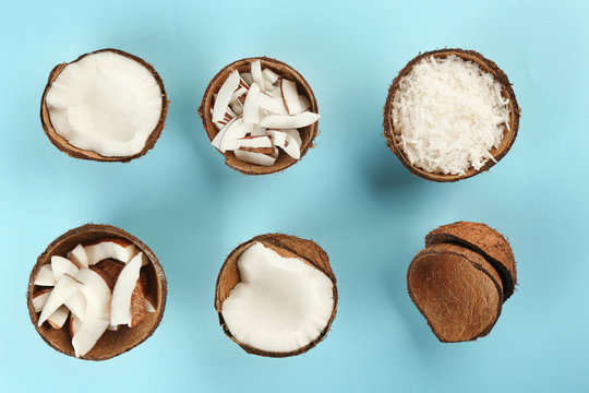 Beautiful composition with coconuts on color background