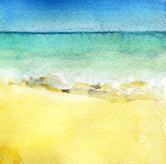 watercolor sketch of sea view from tropical beach with sunny sky