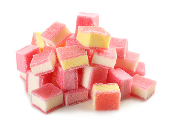 Tasty jelly candies on white background