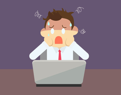 Business man cartoon face a problem about his business with laptop on desk vector illustration

