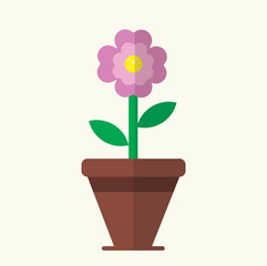 Flat cute pink flower bloom in brown pot vector