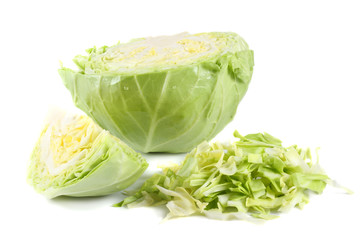 Cut green cabbage isolated on white background