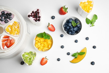 Automatic yogurt maker with fruits on white background