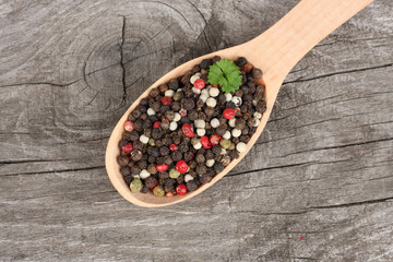 spices on wooden table. Top view