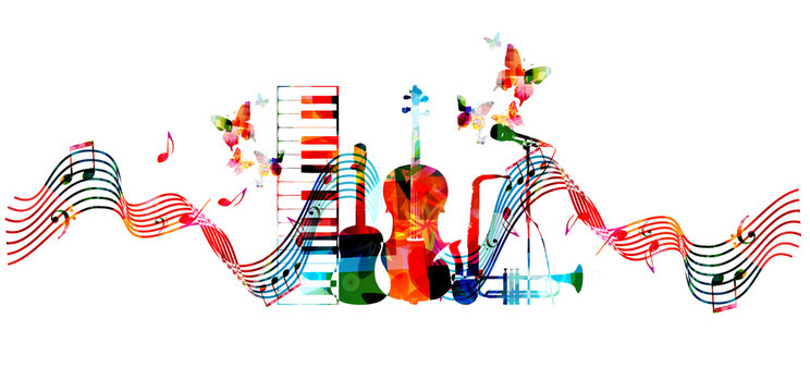 Music instruments background. Colorful microphone, trumpet, saxophone, violoncello, guitar and piano keyboard isolated vector illustration