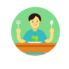 Young man prepare to eat apple with spoon and fork on table.flat man cartoon design in green circle vector illustration