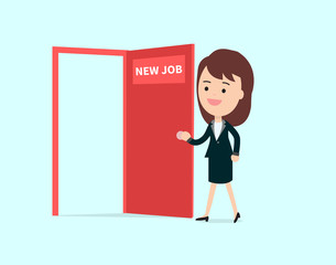 Businesswoman walk and open red door with new job text vector illustration.Business girl cartoon character design happy to new job