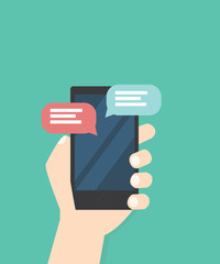 Hand with phone chat message vector illustration isolated on color background.concept of online talking, speak, conversation