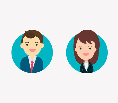 Flat vector businessman and businesswoman characters. Vector avatars profile picture to get job. Smiling happy people. Happy emotions. Vector portraits.