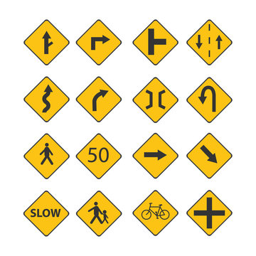 Set of traffic signs vector illustration with street signs,human sign and text sign and isolated white background