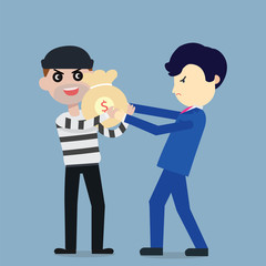 Thief steal money from businessman flat cartoon design.Steal money concept.Vector illustration