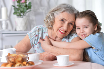 Obraz na płótnie Canvas grandmother with a small granddaughter drinking tea