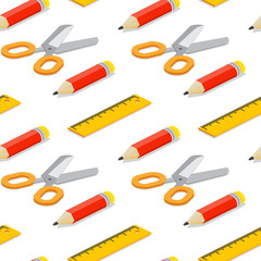 Seamless pattern with isometric pencil, ruler and scissors on white background.