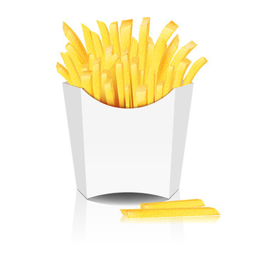French fries with pack on white background. Mock up. Vector Illustration