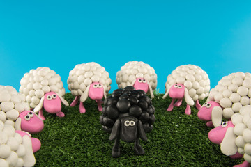 Concept - A circle of white sheep surrounds one black sheep, placed on a grassy surface