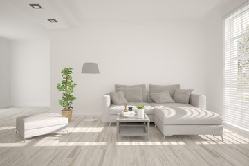 White modern room with sofa. Scandinavian interior design. 3D illustration