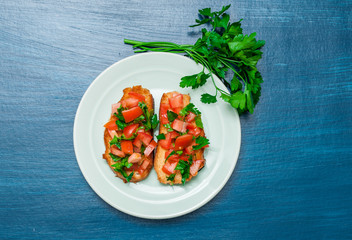 Italian food, tomato  bruschetta.  Menu for the restaurant and cafe.