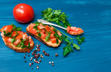 Italian food, tomato  bruschetta.  Menu for the restaurant and cafe.