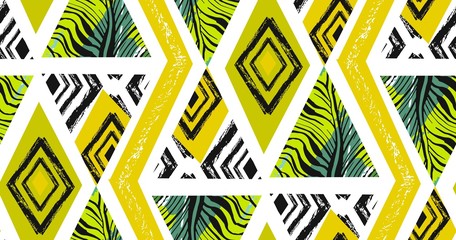 Hand drawn vector abstract freehand textured seamless tropical pattern collage with zebra motif,organic textures,triangles isolated on white background.Wedding,save the date,birthday,fashion decor - obrazy, fototapety, plakaty