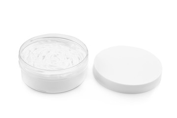 Jar of Shea butter on white background