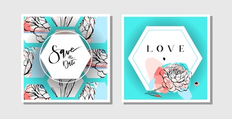 Hand drawn vector abstract creative collage freehand textured save the date greeting cards collection set template with flowers isolated on pastel background.Wedding,save the date,birthday,rsvp.
