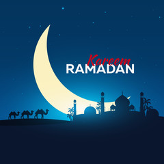 Ramadan Kareem. Ramadan Mubarak. Greeting card. Arabian night with Crescent moon and camel.