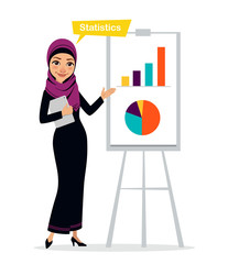 Arab business woman character with digital tablet standing near flipchart