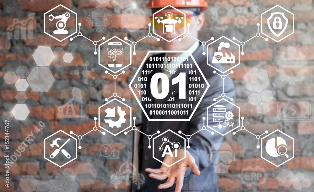 Poster binary industry 4.0 concept integration. worker offers icon 0 1 numbers on virtual industrial digita
